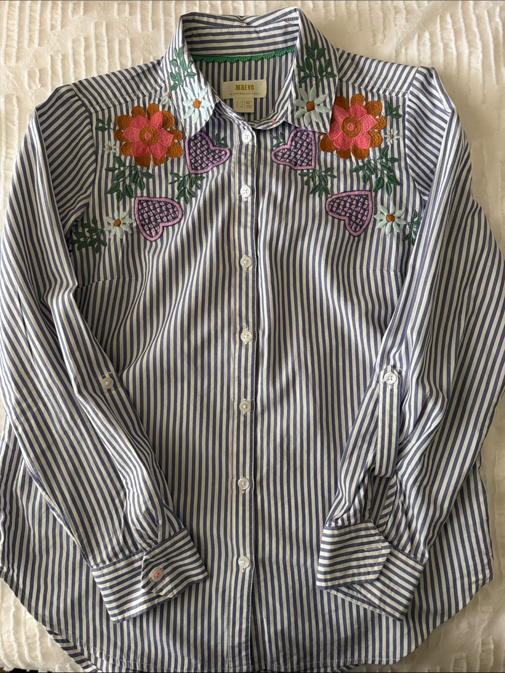Maeve Blue & White Striped Button-Down with Floral Embroidery